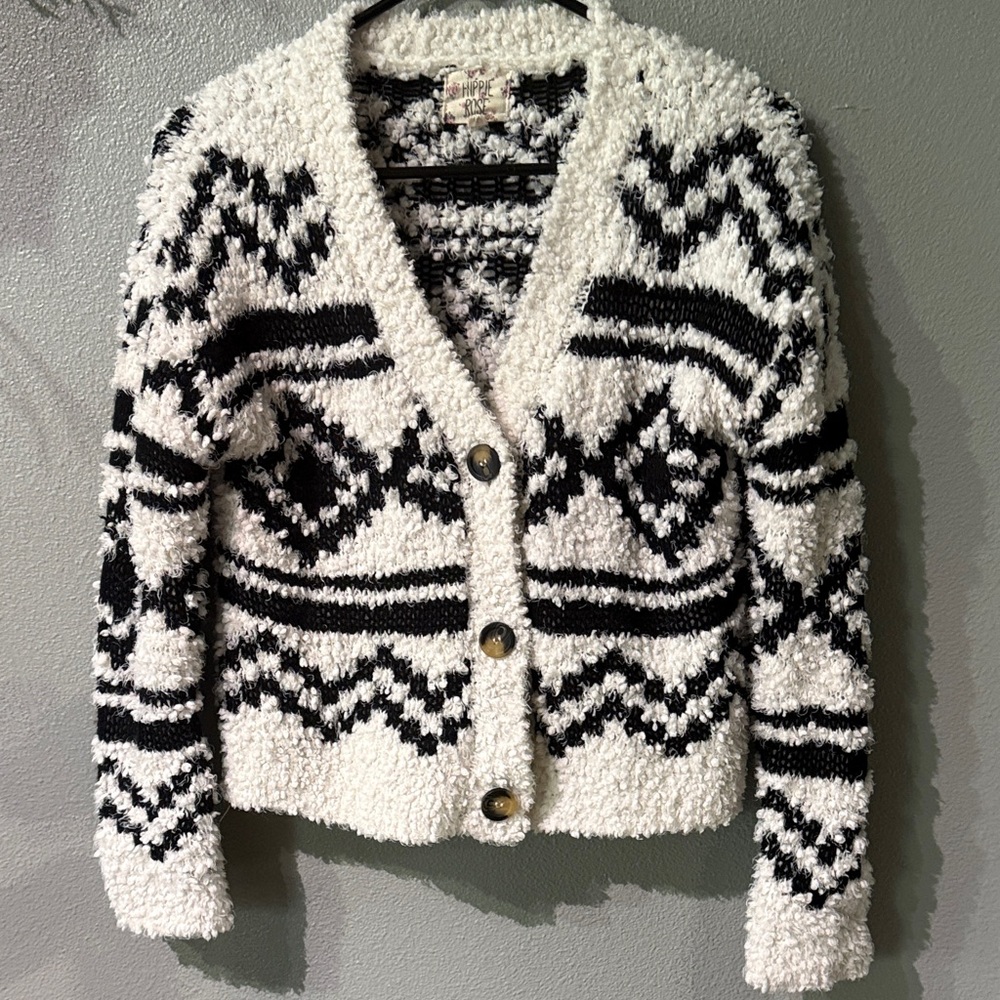 Hippie Rose Black and White Bouclé Geometric Cardigan. Size small.